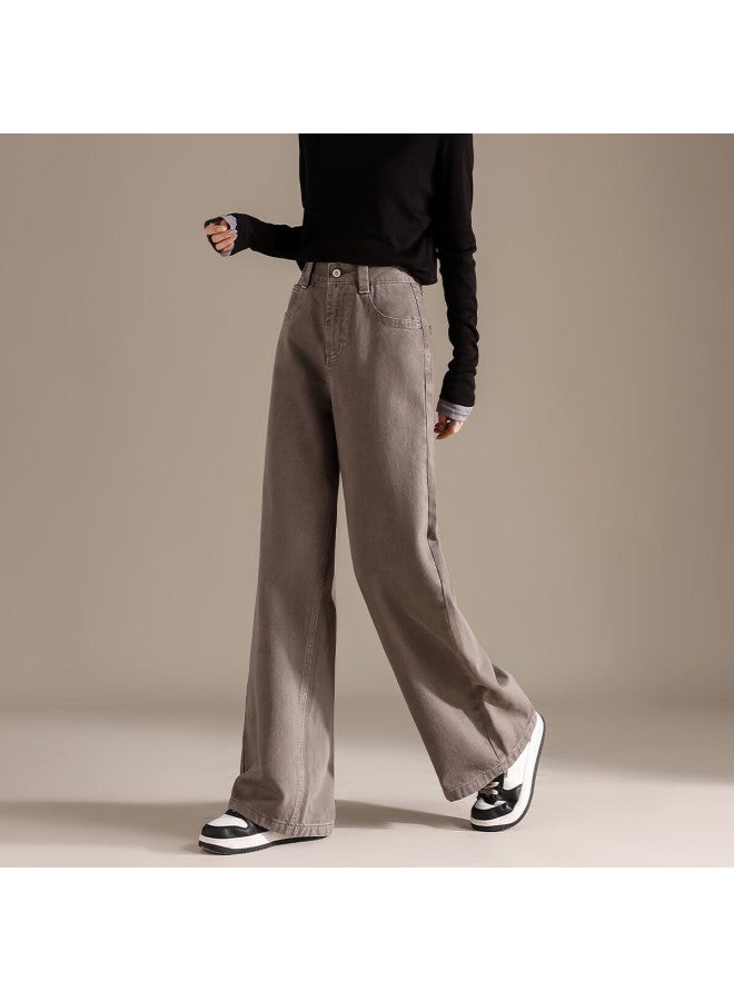 Rain.cun Vintage American-style Gray Loose Straight-leg Jeans For Women, Autumn And Winter New Style, High-end Feel, Wide-leg Floor-length Pants - Image 2