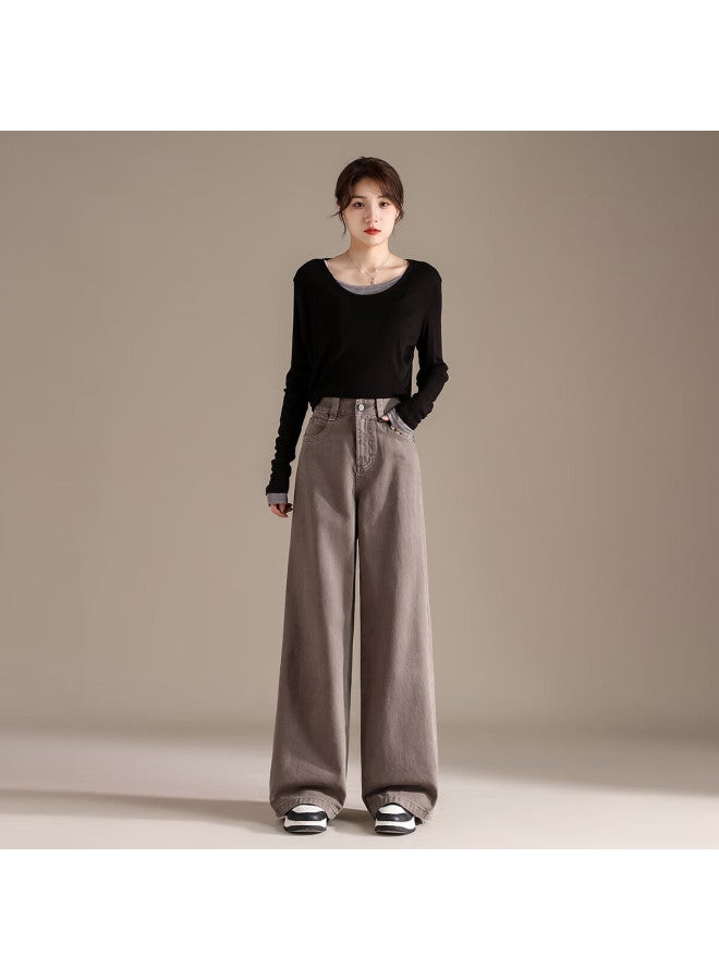 Rain.cun Vintage American-style Gray Loose Straight-leg Jeans For Women, Autumn And Winter New Style, High-end Feel, Wide-leg Floor-length Pants - Image 4