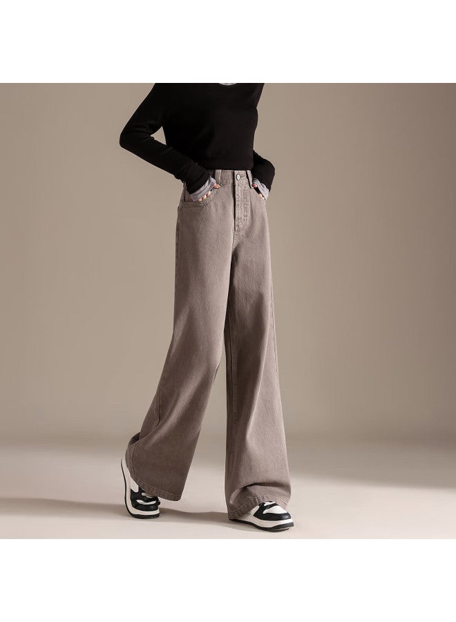 Rain.cun Vintage American-style Gray Loose Straight-leg Jeans For Women, Autumn And Winter New Style, High-end Feel, Wide-leg Floor-length Pants - Image 3