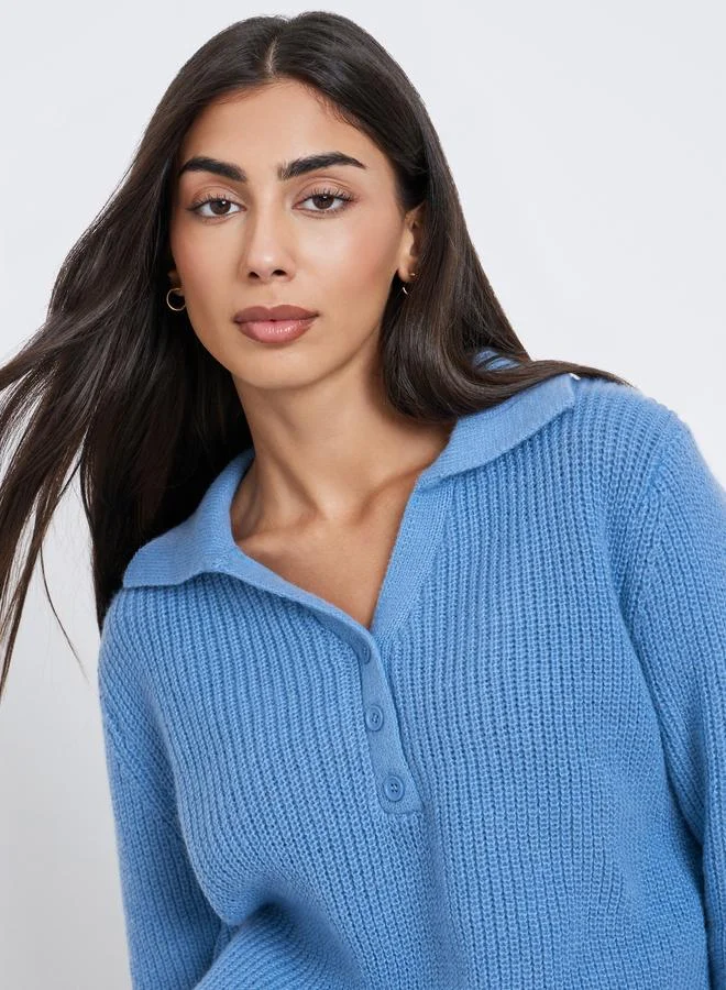 Styli Styli Blue Regular Fit Knit Sweater with Button Placket