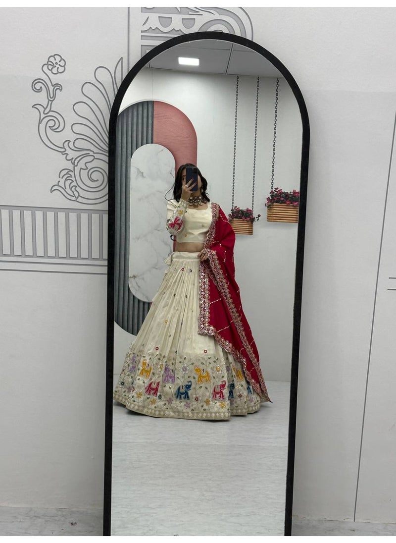 Premium Tissue Silk Lehenga Choli Set with Vichitra Silk Dupatta – Heavy Thread & Sequin Work | Fully Stitched