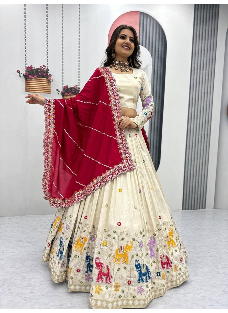 Premium Tissue Silk Lehenga Choli Set with Vichitra Silk Dupatta – Heavy Thread & Sequin Work | Fully Stitched