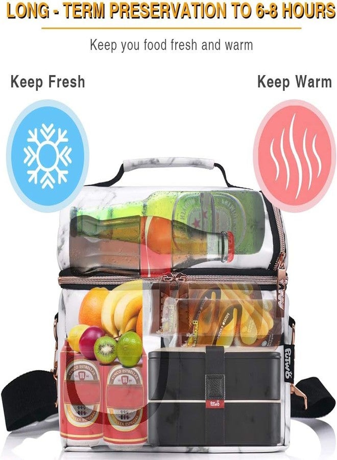 PuTwo , 8L Insulated Lunch Bags Double Compartment Lunch Tote Leakproof Lunch Cooler Bag with Adjustable Shoulder Strap Freezable Meal Prep Bag for Women - Marble Lunch Bag - Image 2