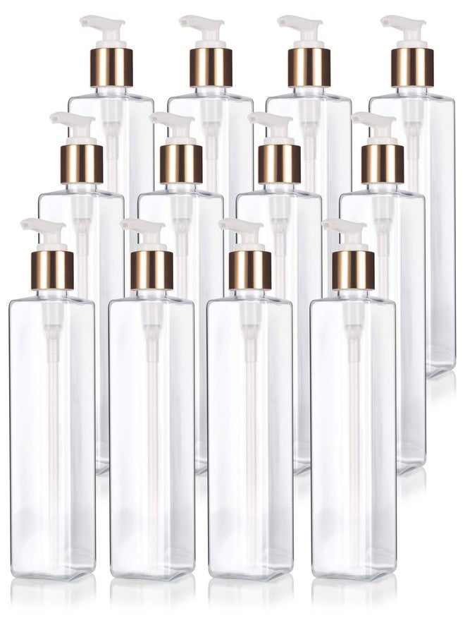 JUVITUS 8 oz Clear Plastic PET Square Bottle with Gold Lotion Pump (12 pack) - Image 1