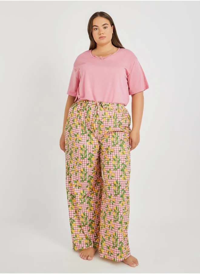 Styli Styli Plus Size Lace Insert V Neck T-Shirt and Lemon Print Pyjama Set