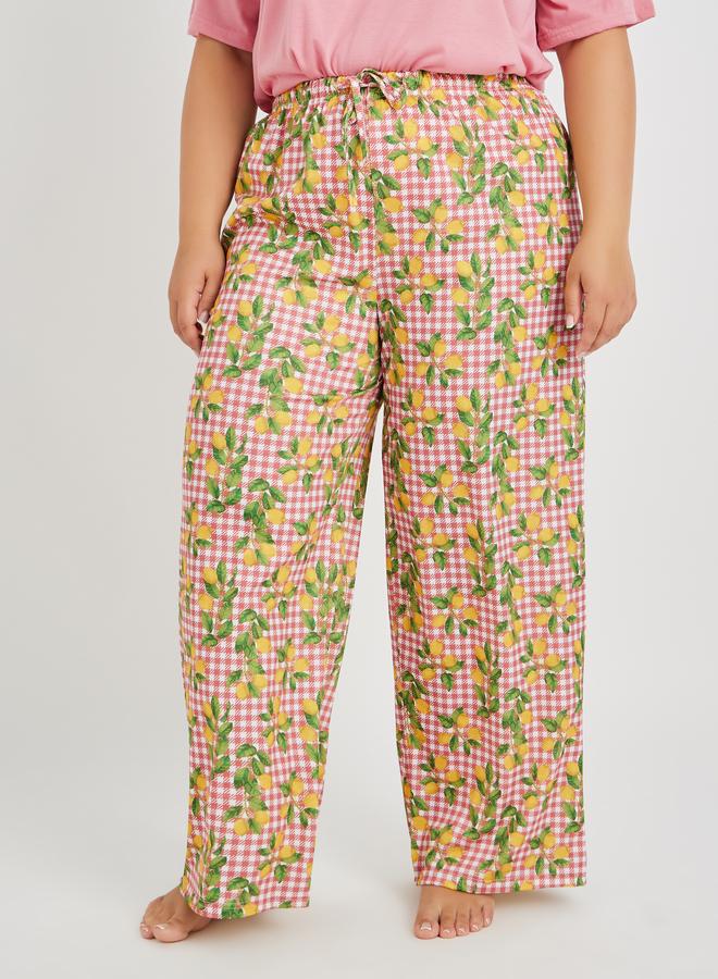 Styli Plus Size Lace Insert V Neck T-Shirt and Lemon Print Pyjama Set