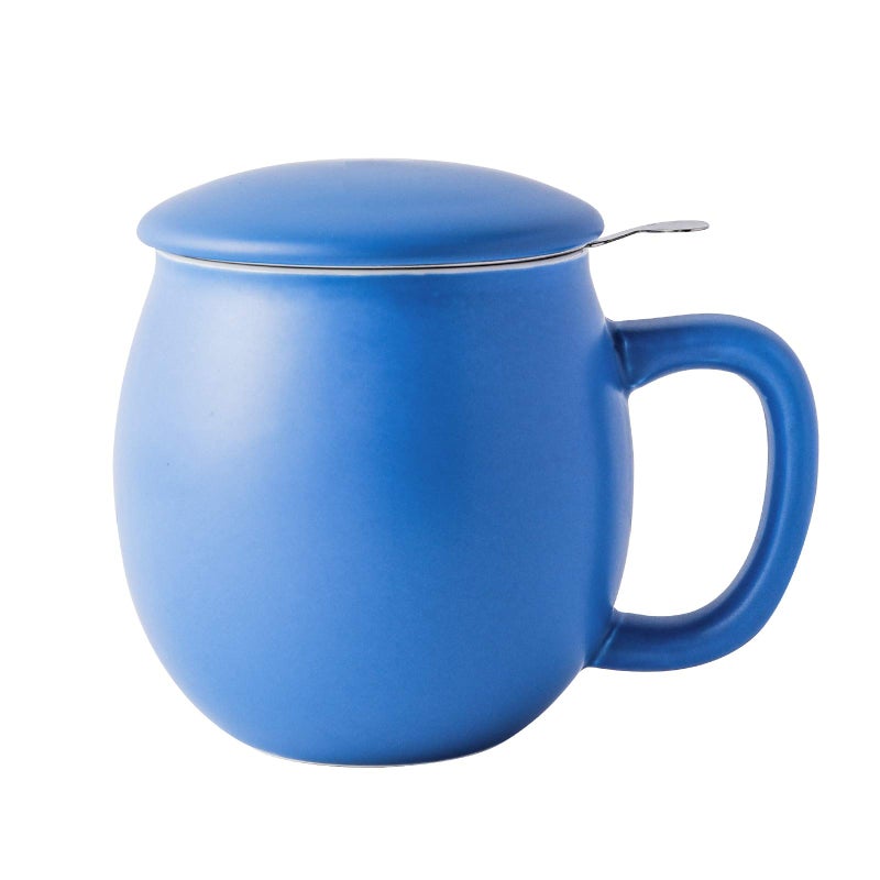 Yundu 12 OZ Matte Blue Ceramics Teacup with Infuser and Lid Mug with Lid for Steeping Stainless Steel Infuser for Loose Leaf Tea Home Office Gift for Tea Lovers