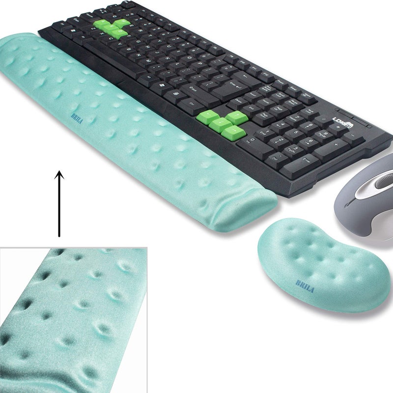 BRILA Memory Foam Mouse Keyboard Wrist Rest Support Pad Cushion Set for Computer Laptop Office Work PC Gaming Massage Holes Design Easy Typing Wrist Pain Relief Aquamarine