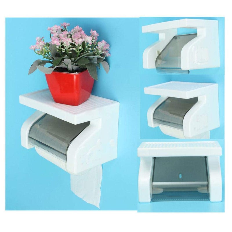 CoolBELL 1 Pc Plastic Toilet Paper Holder Tissue Roll Stand Box with Shelf Rack - White Color - Image 2