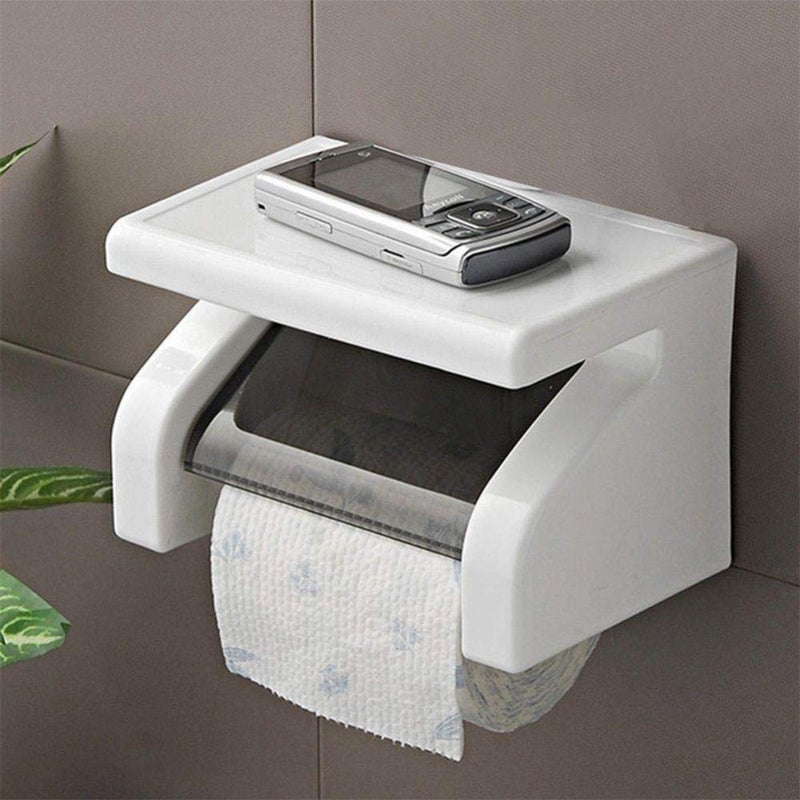 CoolBELL 1 Pc Plastic Toilet Paper Holder Tissue Roll Stand Box with Shelf Rack - White Color - Image 1