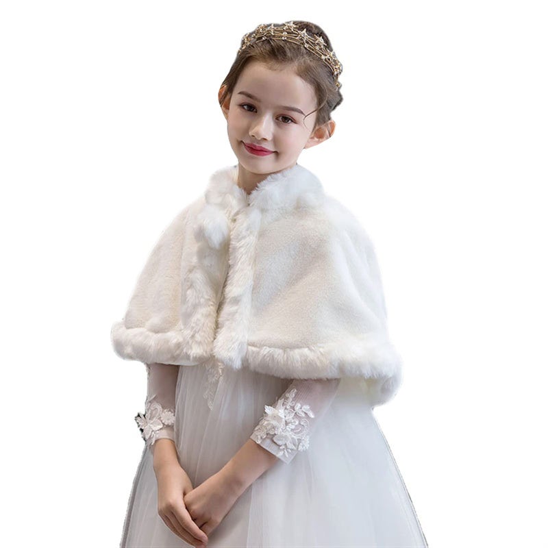 SK Studio Girls Faux Fur Wraps Shawl Girl Bolero Shrug Princess Cape Party Dress Up Jacket, White, 7-11 Years - Image 1