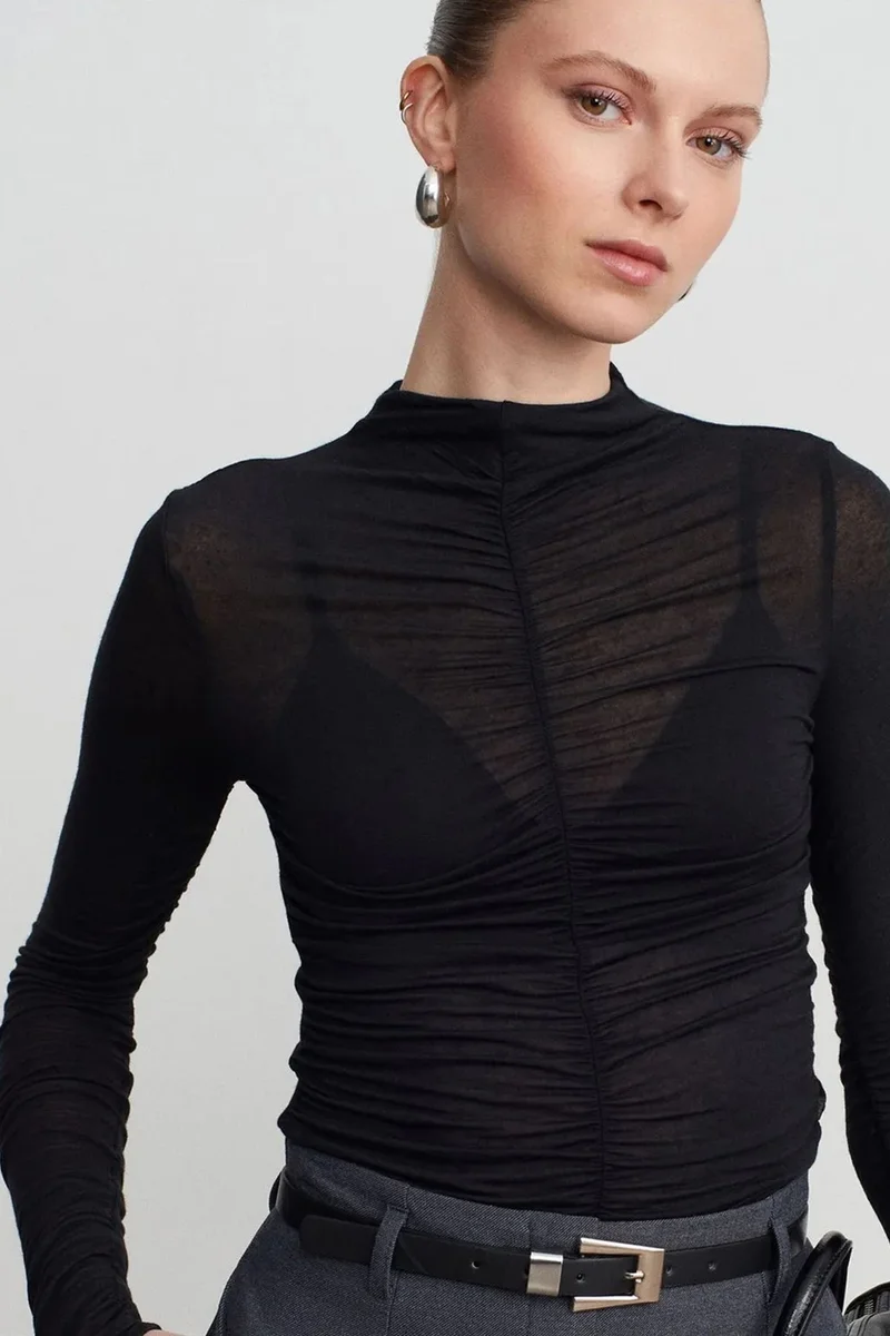 Dilvin Black DILVIN Slim Fit Long Sleeve Jersey Blouse for Women | Best Price UAE