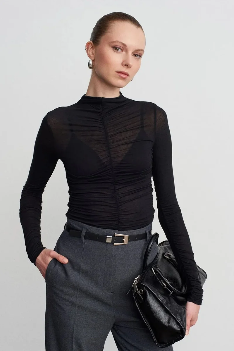 Dilvin Black DILVIN Slim Fit Long Sleeve Jersey Blouse for Women | Best Price UAE