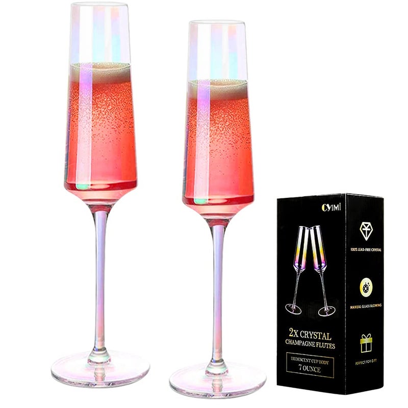 Cyimi Crystal Champagne Glass Flutes Set of 2 Iridescent Premium Modern Champagne Glasses Hand Blown Pearl Classic Champagne Flutes for Elegant GiftColorful7 OZ
