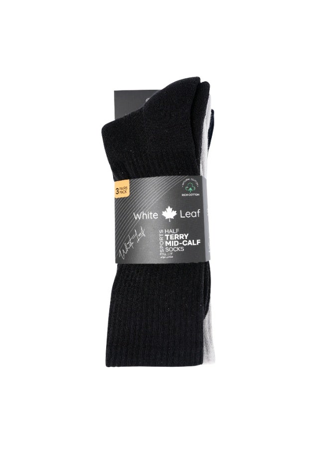 الورقة البيضاء 3 حزم من الجوارب نصف تيري بطول نصف الساق - مقاس واحد - أزرق، رمادي فاتح وأسود - Image 4