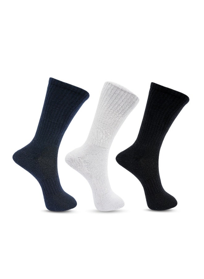 الورقة البيضاء 3 حزم من الجوارب نصف تيري بطول نصف الساق - مقاس واحد - أزرق، رمادي فاتح وأسود - Image 1