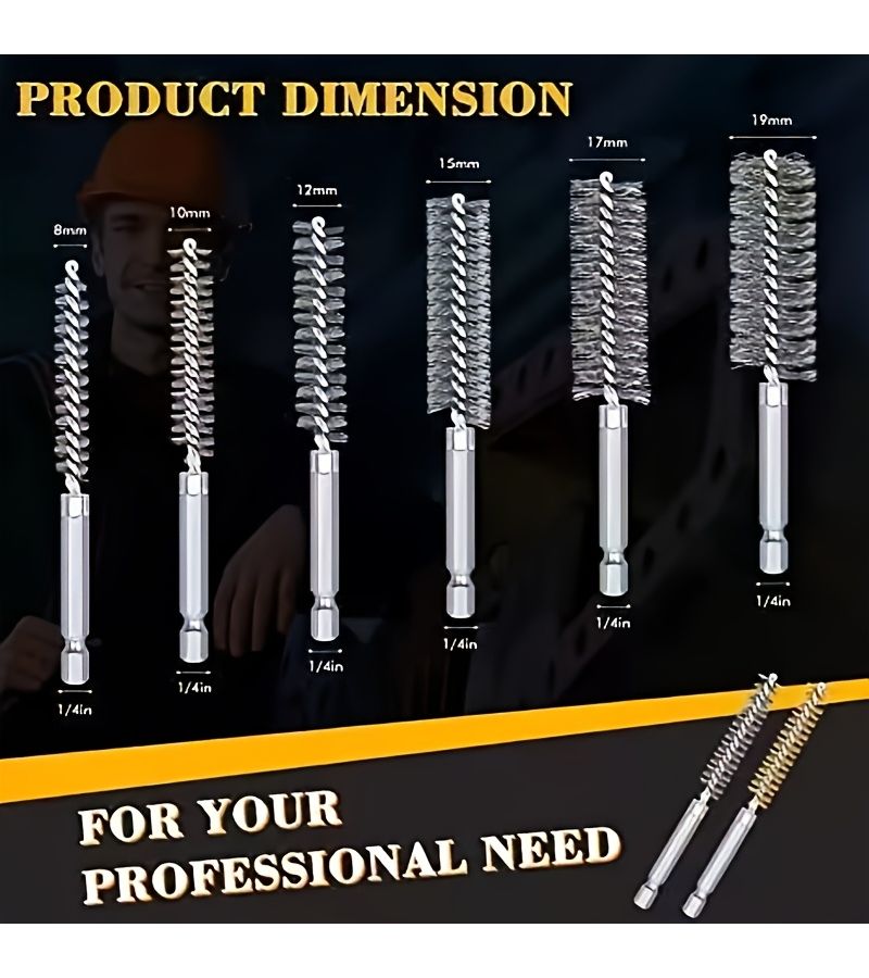 Wire Tube Brush 6pc Set Multi Specification Deburring Screws And Threads Rust Removal For Pipes 1 4 Inch Hexagonal Handle Design Dust Removal Corrosion Polishing - Image 4