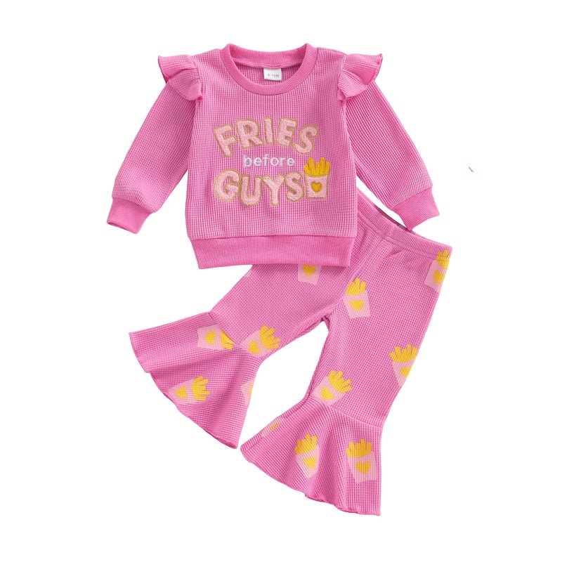 Socutebabe Toddler Baby Girl Valentines Day Outfit Fries Before Guys Sweatshirt Long Sleeve Pullover Flare Pants Cute Clothes (Rose Red, 6-12 Months) - Image 1