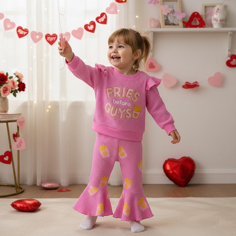 Socutebabe Toddler Baby Girl Valentines Day Outfit Fries Before Guys Sweatshirt Long Sleeve Pullover Flare Pants Cute Clothes (Rose Red, 6-12 Months) - Image 3