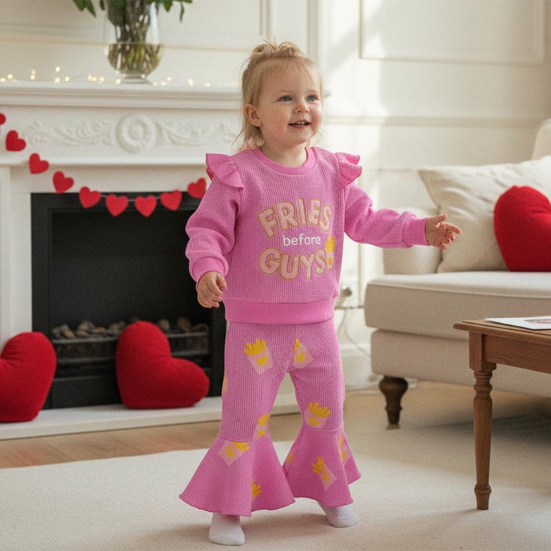 Socutebabe Toddler Baby Girl Valentines Day Outfit Fries Before Guys Sweatshirt Long Sleeve Pullover Flare Pants Cute Clothes (Rose Red, 6-12 Months) - Image 4