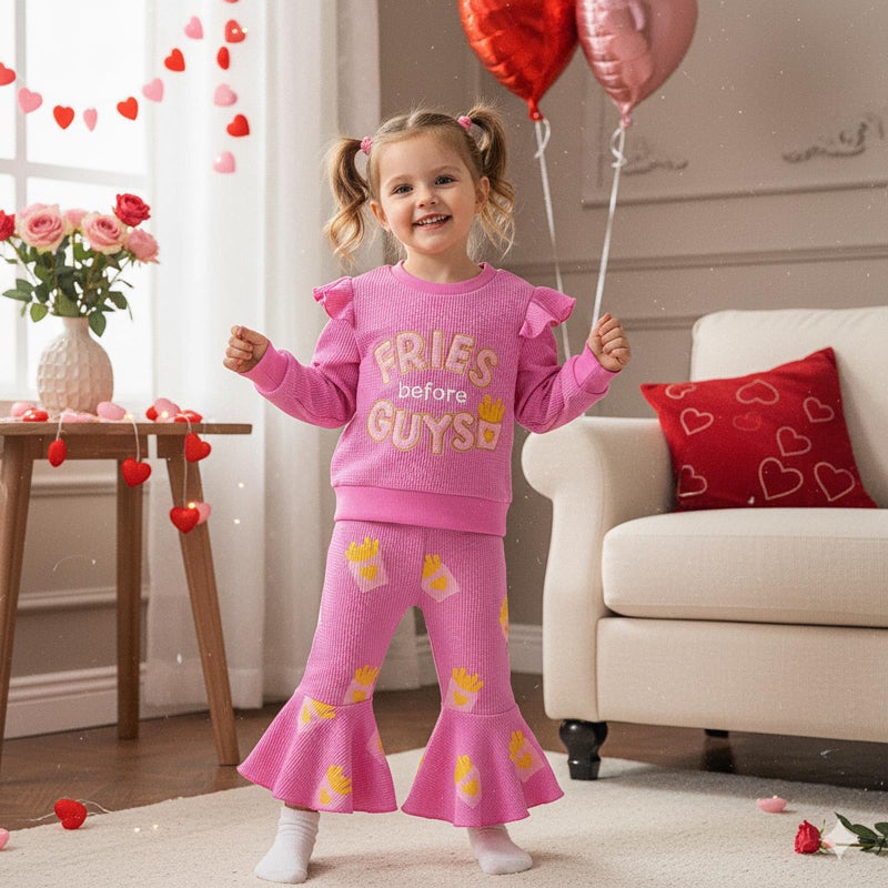 Socutebabe Toddler Baby Girl Valentines Day Outfit Fries Before Guys Sweatshirt Long Sleeve Pullover Flare Pants Cute Clothes (Rose Red, 6-12 Months) - Image 5