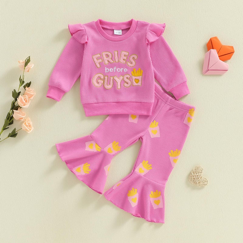 Socutebabe Toddler Baby Girl Valentines Day Outfit Fries Before Guys Sweatshirt Long Sleeve Pullover Flare Pants Cute Clothes (Rose Red, 6-12 Months) - Image 2