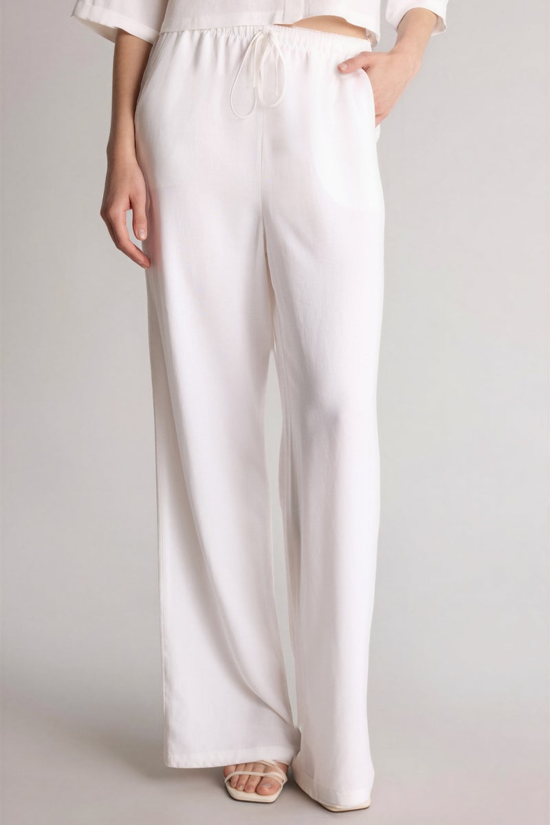 DeFacto White Woman Wide Leg With Pockets Linen Blended Trousers Casual - Image 4