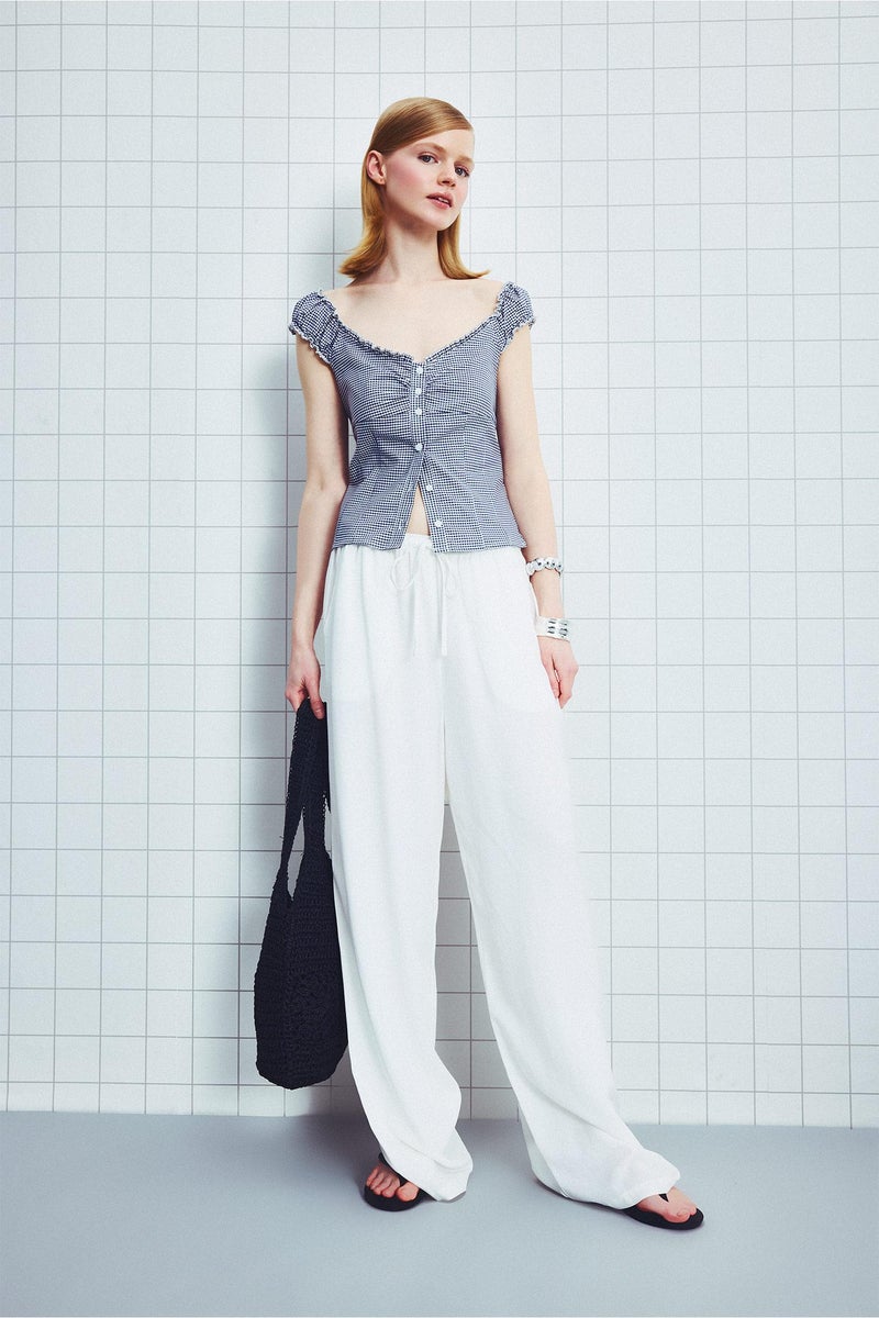 DeFacto White Woman Wide Leg With Pockets Linen Blended Trousers Casual - Image 1