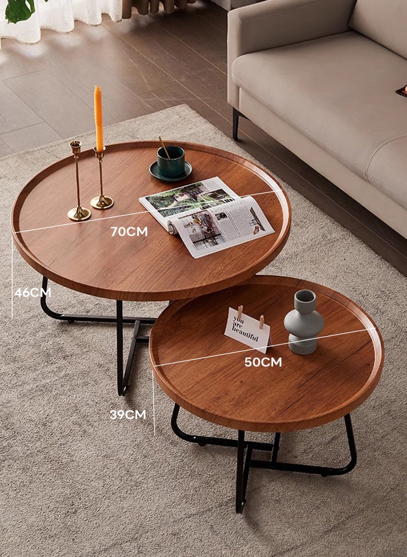 Sharpdo - Minimalist Nesting Table Set Round-shaped End Table for Living Room Natural Style Coffee Table with 2 Units (70*70*46+50*50*39CM) - Image 1