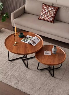 Sharpdo Minimalist Nesting Table Set Round-shaped End Table for Living Room Natural Style Coffee Table with 2 Units (70*70*46+50*50*39CM)  - Image 1