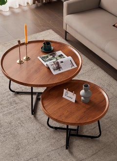 Sharpdo Minimalist Nesting Table Set Round-shaped End Table for Living Room Natural Style Coffee Table with 2 Units (70*70*46+50*50*39CM)  - Image 3