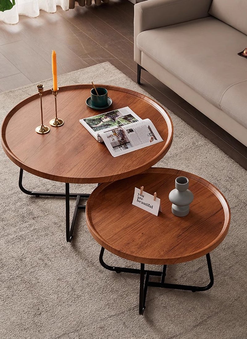 Sharpdo - Minimalist Nesting Table Set Round-shaped End Table for Living Room Natural Style Coffee Table with 2 Units (70*70*46+50*50*39CM) - Image 1