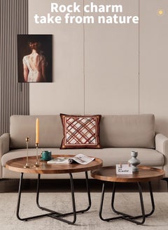 Sharpdo Minimalist Nesting Table Set Round-shaped End Table for Living Room Natural Style Coffee Table with 2 Units (70*70*46+50*50*39CM)  - Image 2