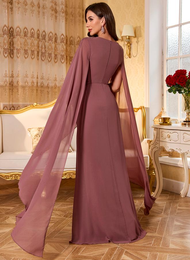 SUPGIR Rust Maxi Dress with Beaded Cape Sleeves - Image 3