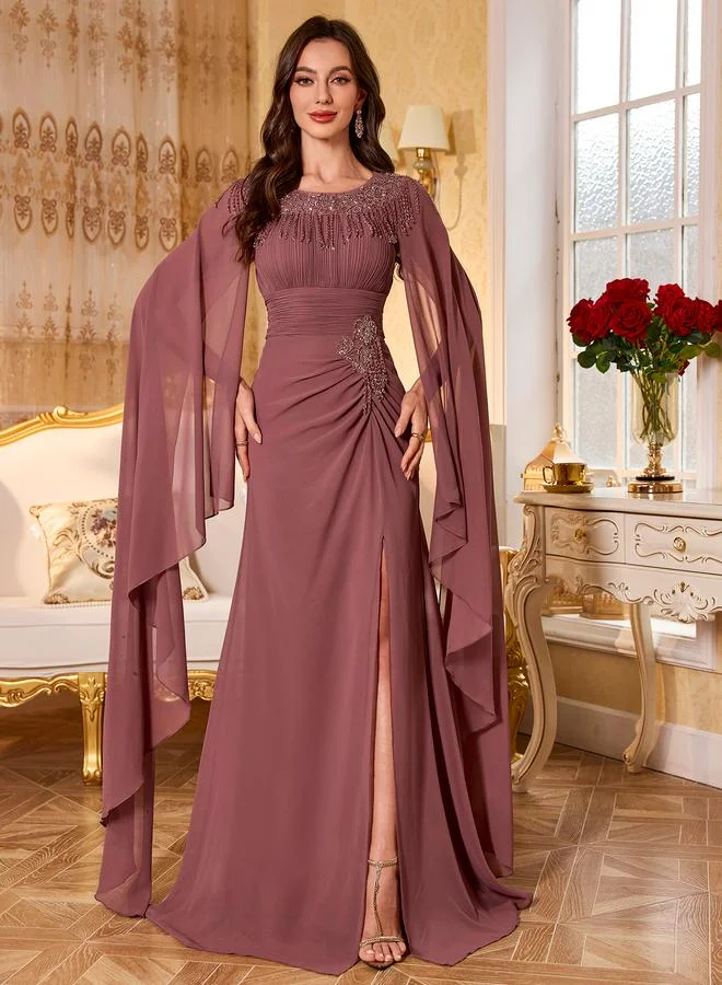 Supgir Rust Maxi Dress with Beaded Cape Sleeves