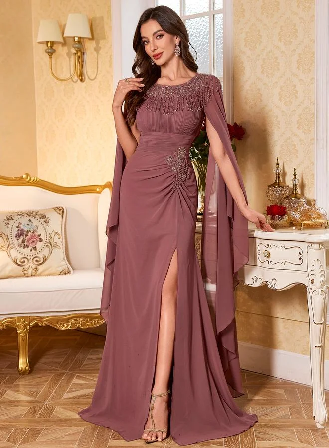 Supgir Rust Maxi Dress with Beaded Cape Sleeves