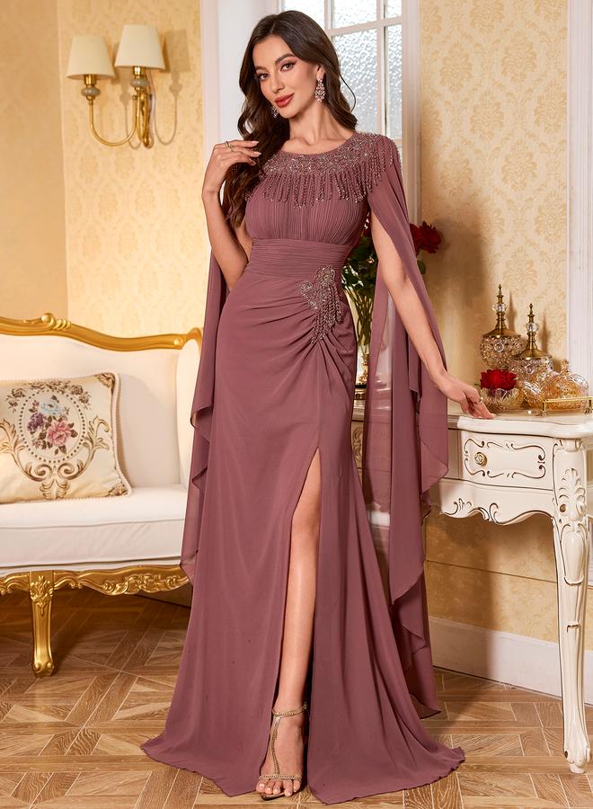 SUPGIR Rust Maxi Dress with Beaded Cape Sleeves - Image 1