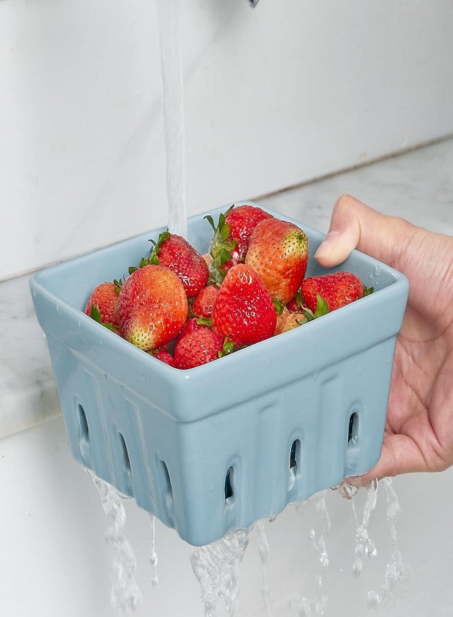 ONEMORE Berry Basket Ceramic Berry Bowls with Holes Square Fruit Bowl Berry Colander Containers for Fridge - 5.8" Fruit Basket for Kitchen Décor, Set of 2, Blue - Image 5