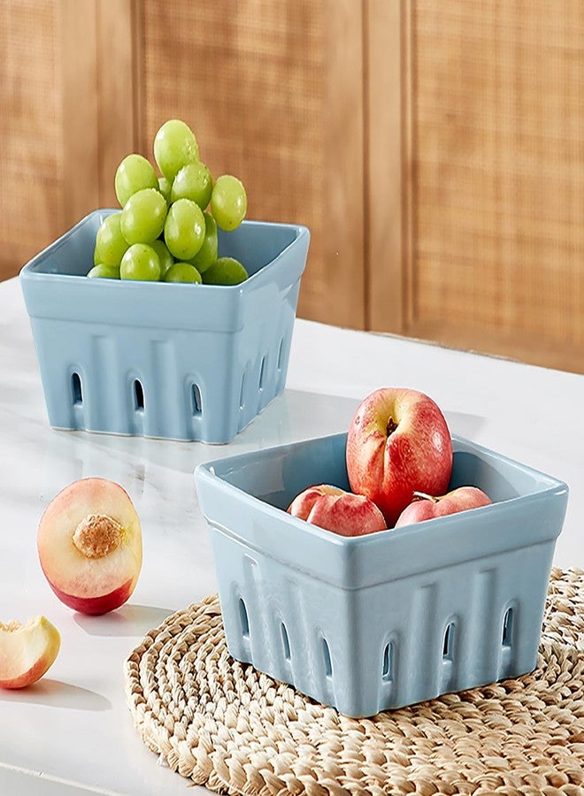 ONEMORE Berry Basket Ceramic Berry Bowls with Holes Square Fruit Bowl Berry Colander Containers for Fridge - 5.8" Fruit Basket for Kitchen Décor, Set of 2, Blue - Image 2