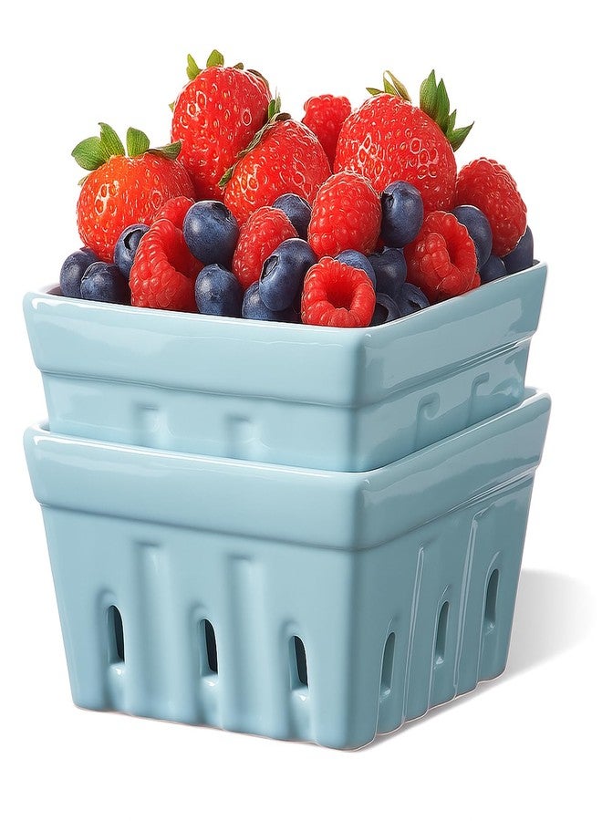 ONEMORE Berry Basket Ceramic Berry Bowls with Holes Square Fruit Bowl Berry Colander Containers for Fridge - 5.8" Fruit Basket for Kitchen Décor, Set of 2, Blue - Image 1