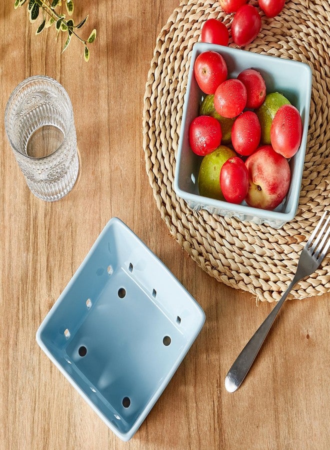 ONEMORE Berry Basket Ceramic Berry Bowls with Holes Square Fruit Bowl Berry Colander Containers for Fridge - 5.8" Fruit Basket for Kitchen Décor, Set of 2, Blue - Image 3
