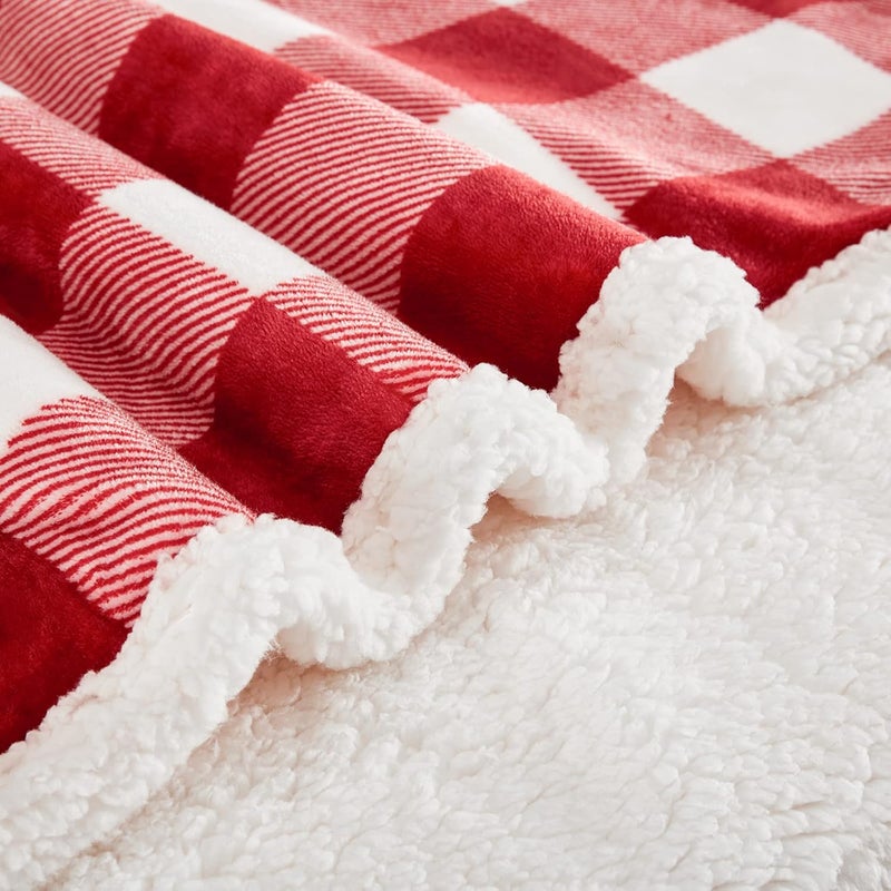 Touchat Sherpa Red and White Buffalo Plaid Christmas Twin Blanket 60" X 70", Fuzzy Fluffy Soft Cozy Blankets, Fleece Flannel Plush Microfiber Throw for Couch Bed Sofa (Red and White) - Image 3