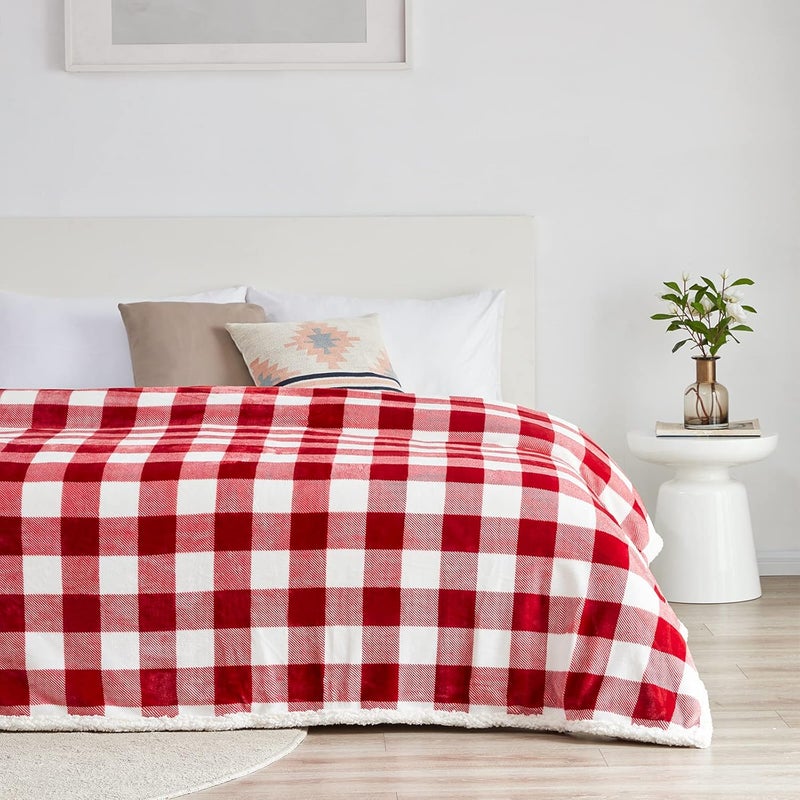 Touchat Sherpa Red and White Buffalo Plaid Christmas Twin Blanket 60" X 70", Fuzzy Fluffy Soft Cozy Blankets, Fleece Flannel Plush Microfiber Throw for Couch Bed Sofa (Red and White) - Image 4