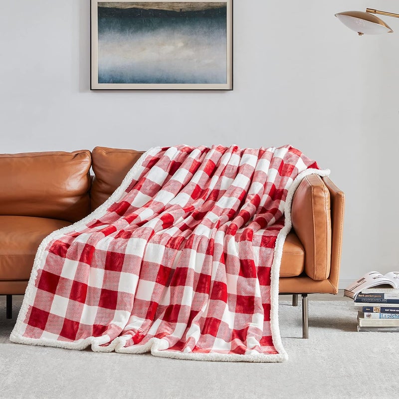 Touchat Sherpa Red and White Buffalo Plaid Christmas Twin Blanket 60" X 70", Fuzzy Fluffy Soft Cozy Blankets, Fleece Flannel Plush Microfiber Throw for Couch Bed Sofa (Red and White) - Image 2