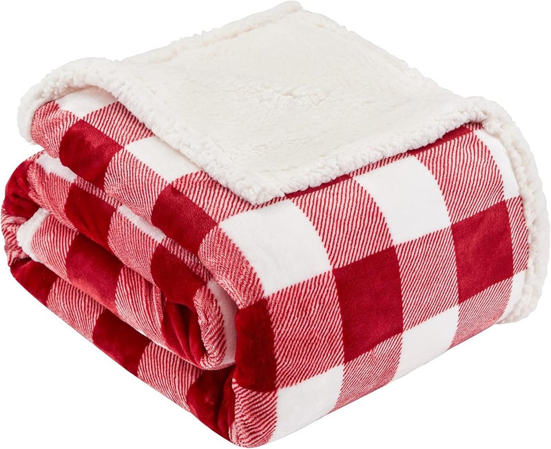 Touchat Sherpa Red and White Buffalo Plaid Christmas Twin Blanket 60" X 70", Fuzzy Fluffy Soft Cozy Blankets, Fleece Flannel Plush Microfiber Throw for Couch Bed Sofa (Red and White) - Image 1