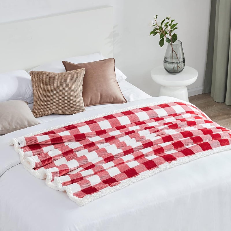 Touchat Sherpa Red and White Buffalo Plaid Christmas Twin Blanket 60" X 70", Fuzzy Fluffy Soft Cozy Blankets, Fleece Flannel Plush Microfiber Throw for Couch Bed Sofa (Red and White) - Image 5