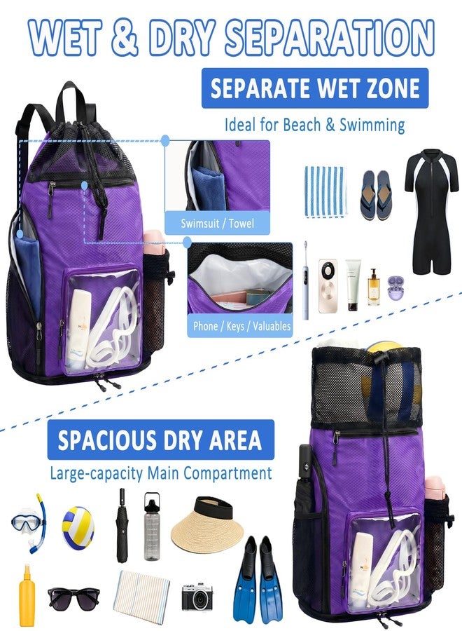 YUHAN PRETTY Mesh Beach Backpack Sandproof Waterproof Drawstring Backpack with Tumbler Side Pockets Swim Bag for Pool Gym(Purple) - Image 3