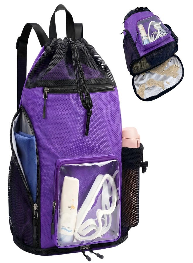 YUHAN PRETTY Mesh Beach Backpack Sandproof Waterproof Drawstring Backpack with Tumbler Side Pockets Swim Bag for Pool Gym(Purple) - Image 1