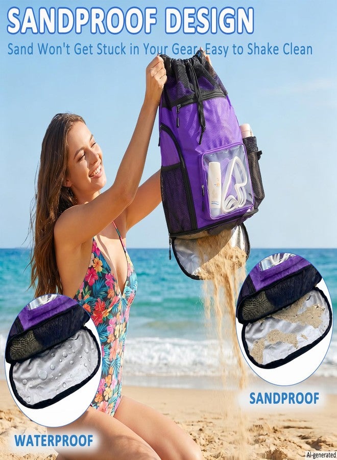 YUHAN PRETTY Mesh Beach Backpack Sandproof Waterproof Drawstring Backpack with Tumbler Side Pockets Swim Bag for Pool Gym(Purple) - Image 4