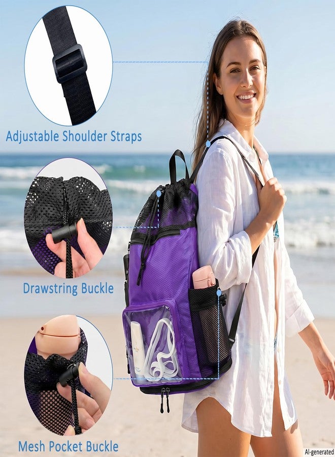 YUHAN PRETTY Mesh Beach Backpack Sandproof Waterproof Drawstring Backpack with Tumbler Side Pockets Swim Bag for Pool Gym(Purple) - Image 5